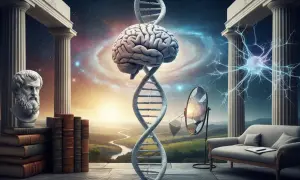 Mózg i DNA w kosmicznej scenerii, symbolizujące potrzebę autonomii i poznania. Kolumny, popiersie i książki nawiązują do wiedzy.