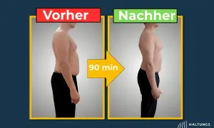 Vorher-Nachher-Vergleich: Ein Mann mit leichtem Witwenbuckel verbessert seine Haltung nach 90 Minuten Training.
