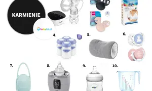 Wszystko, co dla noworodka: laktator, butelki, smoczki, podgrzewacz i kubek miarowy.