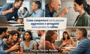 Immagini di persone in discussione, con testo: "Come comportarsi con le persone aggressive e arroganti senza perdere la calma.