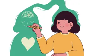 Una niña dibuja una ficha alumno en un boceto de cabeza con un corazón.