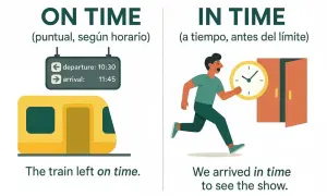 Un tren amarillo sale puntual. Un hombre corre con un reloj para llegar a tiempo a una función.