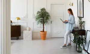 Eleganckie obrazy w przedpokoju aranżacje tworzą przytulną atmosferę. Kobieta z laptopem w jasnym wnętrzu.