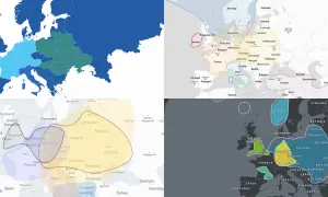 Cartes de l'Europe montrant des régions génétiques. Un test généalogie gratuit pourrait révéler vos origines.