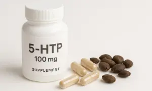 Biała butelka suplementu 5-HTP 100 mg, obok kilka kapsułek i nasion. 5-HTP to prekursor serotoniny, kluczowego neuroprzekaźnika.