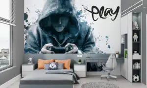 Mroczna fototapeta do pokoju młodzieżowego z graczem w kapturze i napisem "play". Idealna dla pasjonatów gier.