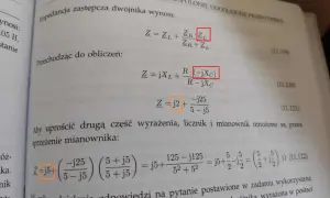 Obliczenia pokazują, jak wyznaczyć impedancję zastępczą dwójnika, stosując wzory i przekształcenia.