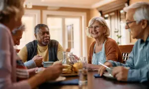 Des seniors joyeux partagent un repas, discutant de ce qu'est un cap retraite.