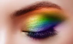 Un œil fermé orné d'un maquillage arc-en-ciel vibrant, du jaune au violet, sublimant le regard. Un maquillage yeux bleus audacieux et coloré.