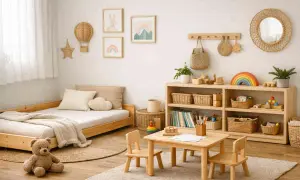 Stanza giochi bambini con lettino, tavolino, sedie, libreria e decorazioni naturali. Idee per arredare con stile e funzionalità.