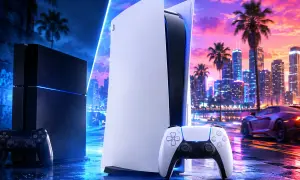 Konsola PS5 i pad obok PS4, na tle neonowego miasta i palmy. Wyobraź sobie, że to scena z GTA 6 na PS5.