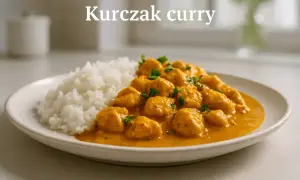 Aksamitny kurczak curry w pomarańczowym sosie, podany z puszystym białym ryżem i posypany świeżą natką pietruszki.
