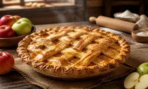 Une délicieuse tarte aux pommes à l'ancienne, encore chaude, avec des pommes fraîches et un rouleau à pâtisserie en arrière-plan.