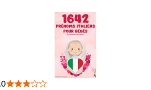 Couverture d'un livre proposant 1642 prénoms italiens pour bébés, avec un dessin d'enfant et le drapeau italien en forme de cœur.