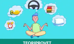 Person i meditationsställning tänker på mat, körning, böcker, sömn och en väckarklocka. Teori provet kan vara en utmaning.
