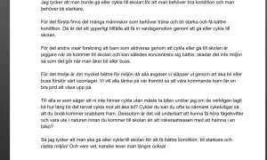 Argumenterande text exempel: texten argumenterar för att gå eller cykla till skolan för bättre kondition, miljö och hälsa.