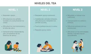 Niveles del TEA: apoyo, comunicación y rutina. Ilustraciones de niños y adultos.