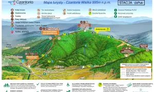 Mapa turystyczna Czantorii z zaznaczonymi szlakami, kolejką linową i atrakcjami. Dowiedz się, czantoria ile się wchodzi na szczyt.