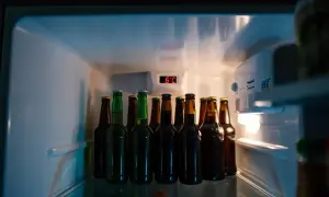 Bottiglie di birra in un frigorifero a 6°C. Quanto tempo ci vuole per raffreddare la birra in freezer? Meglio in frigo!