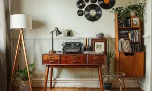 Biurko z maszyną do pisania, lampa, płyty winylowe na ścianie i regał tworzą idealne retro, vintage wnętrze.