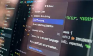 Abstrakcja Java w kodzie, menu AI z opcją "Find Problems" i sugestiami refaktoryzacji.