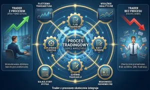 Schemat pokazuje, jak trader z procesem osiąga rozwój mentalny, integrując narzędzia jak platforma transakcyjna, analizy i planowanie, w przeciwieństwie do chaotycznego tradera bez procesu.