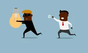 Złodziej kradnie żarówkę, symbol pomysłu, a biznesmen próbuje go zatrzymać, broniąc swoich praw autorskich.