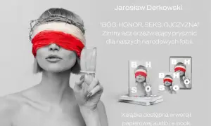 Kobieta z opaską na oczach i koroną cierniową, trzymająca prezerwatywę. Obok okładki książki "Bóg, Honor, Seks, Ojczyzna".