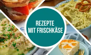 Vier Gerichte mit Frischkäse: Waffel-Sandwich, Dip, Hähnchen mit Kartoffelpüree und Kuchen.