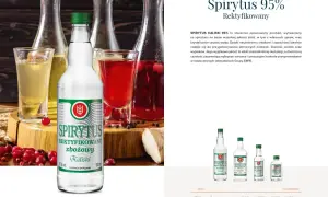 Butelka Spirytusu Kaliskiego 95% obj. z owocami w tle. Idealny do nalewek, likierów i wypieków.