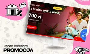 Grafika z bankiem, kartą, procentem i parą na skuterze. Promocja konta.