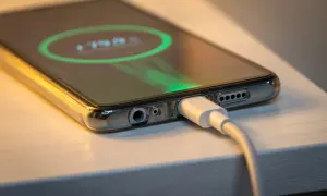 Smartfon podłączony do ładowarki, na ekranie widać wskaźnik naładowania. Tak ładować telefon, by zawsze był gotowy do działania.