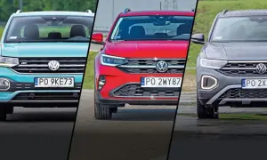 Trzy modele Volkswagen Cross: turkusowy, czerwony i szary, prezentują swoje przednie części.