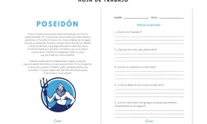 Hoja de trabajo con ejercicios de comprensión lectora sobre Poseidón, dios griego de los mares, caballos y terremotos. Incluye preguntas para responder.