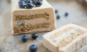 Semifreddo al caffè con 3 ingredienti, decorato con mirtilli freschi. Un dolce goloso e facile da preparare.