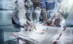 Des mains travaillent sur des graphiques, entourées d'une interface futuriste avec des icônes de connexion et des données. Le cpl bbox est au cœur de cette analyse.