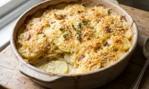 Un gratin dauphinois doré et crémeux, garni de thym frais, prêt à être dégusté.