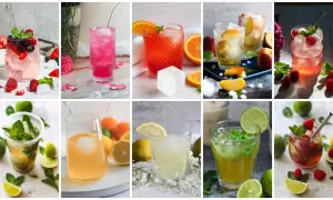 Vielfalt an erfrischenden Sommergetränken und Cocktail-Rezepten mit Früchten, Minze und Eis.