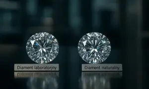 Dwa diamenty, laboratoryjny i naturalny, lśnią na czarnym tle. Wycena diamentów wymaga precyzji.