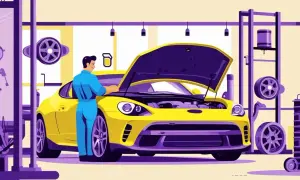 Meccanico in officina controlla il motore di un'auto gialla con il cofano aperto. Il tagliando è obbligatorio per la sicurezza.