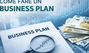 Modello business plan excel gratis: un documento con grafici, lente d'ingrandimento e banconote.