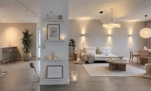 Idee per come abbellire un pilastro in soggiorno: mensole con quadri, candele e decorazioni.