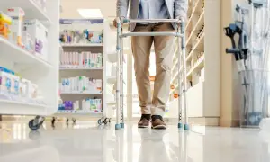 Mężczyzna z chodzikiem w aptece, szukający wsparcia. ZUS świadczenie wspierające może pomóc w takich sytuacjach.