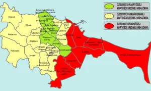 Mapa dzielnic Gdańska z podziałem na wskaźniki: zielone (najwyższe), żółte (umiarkowane), czerwone (najniższe).