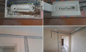 Widok na rozdzielnicę elektryczną i wykonane bruzdowanie pod kable w ścianach.