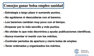 Consejos para la bolsa de empleo sanitario: estrategia, baremos, méritos y publicaciones. Cursos para personal no sanitario.