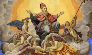 Święty Mikołaj, otoczony aniołami, zasiada na chmurach. Czy istnieje święty mikołaj? Ta wizja sugeruje, że tak.