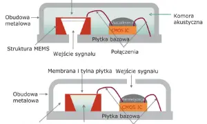 Schemat budowy mikrofonu MEMS: membrana, struktura MEMS, obudowa metalowa, wejście sygnału, płytka bazowa z CMOS IC i połączeniami.