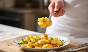 Une fourchette soulève des pommes de terre sautées dorées et garnies d'herbes fraîches, servies dans une assiette blanche.