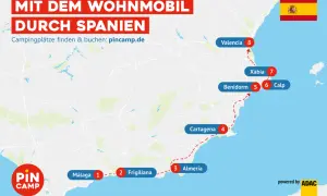 Karte zeigt eine Route für einen Roadtrip mit dem Wohnmobil durch Spanien, von Málaga über Almería, Cartagena, Benidorm bis Valencia.